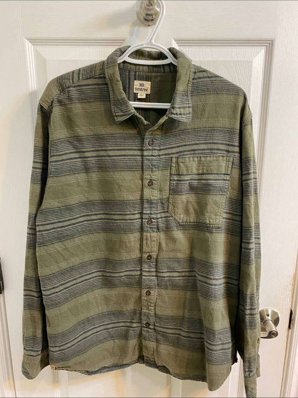10 Tentree Organic Cotton Hemp Flannel Green Blue Striped Men’s Shirt Size Large